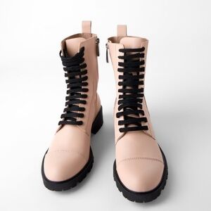 ZARA BLOGGERS FAV 100% LEATHER LACE UP PINK ANKLE BOOTS BRAND NEW WITH TAGS